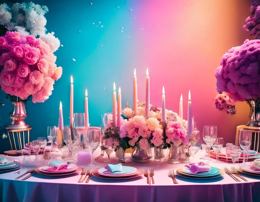 Firefly Event table with decor and candles, wedding interior, birthday, celebration