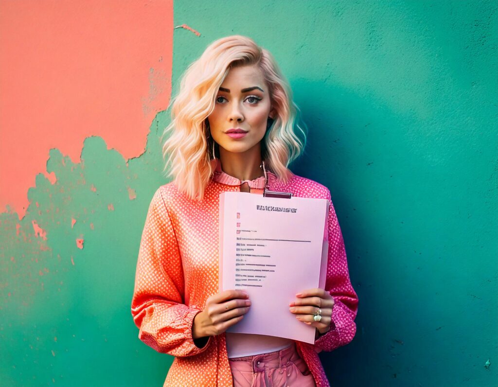 Firefly Woman standing with a to do list in her hands and looks into the frame, isolated over green