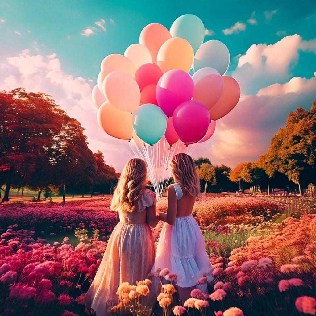 Firefly planning a birthday party; two friends having fun with balloons and flowers in the park